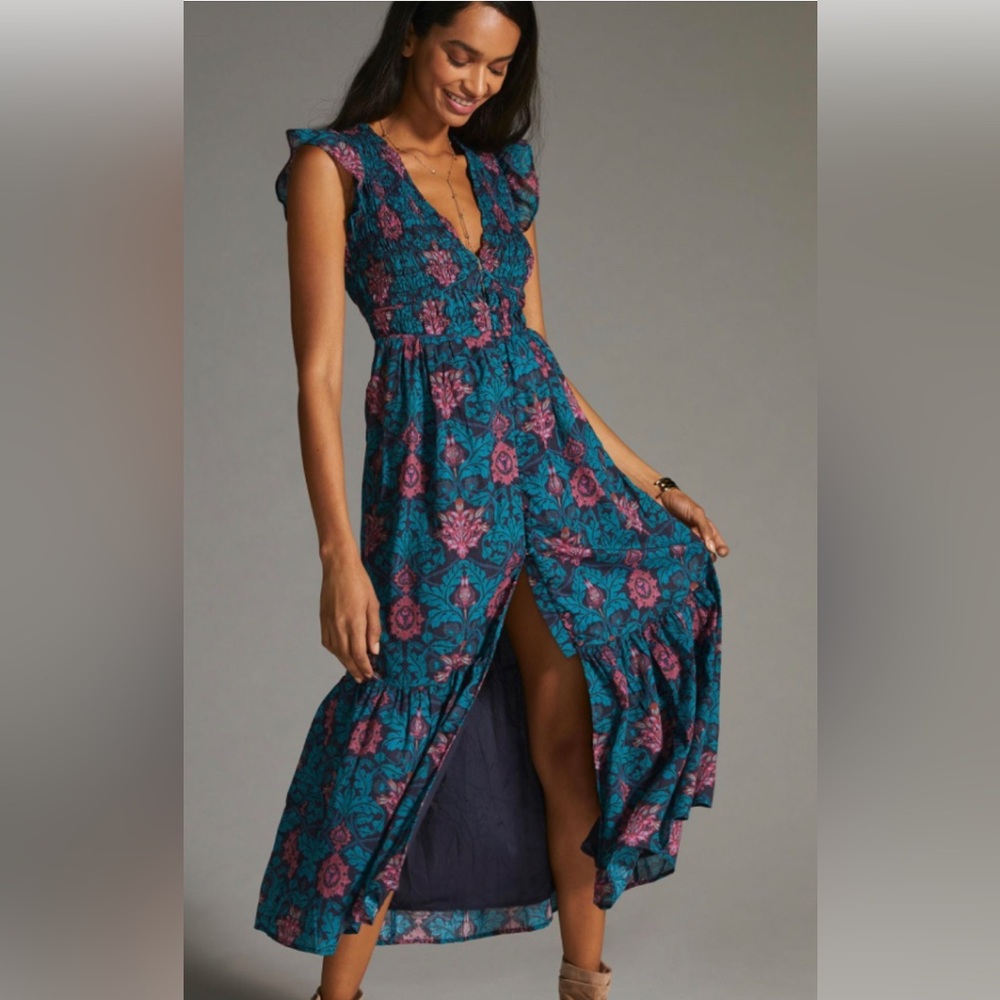 Anthropologie Teal Maxi Dress with Pink Floral Print